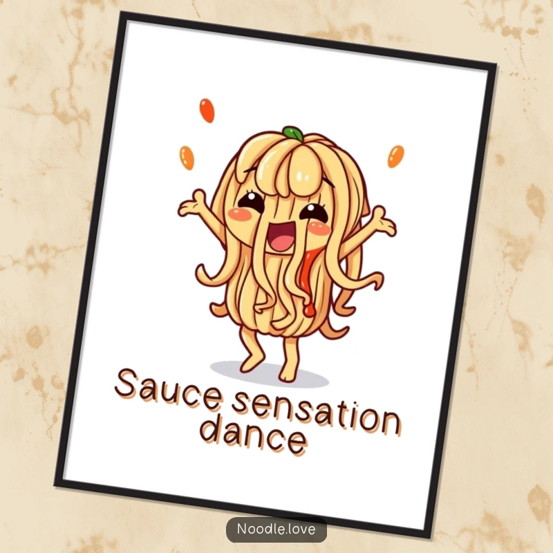 Funny Noodle Digital Art: Artwork of a noodle character dancing with artistic sauce, offering instant funny decor and a great funny gift.
