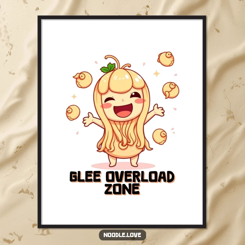 Funny digital art print of a noodle character giggling with extreme glee while juggling tiny dumplings, capturing a moment of pure joy.