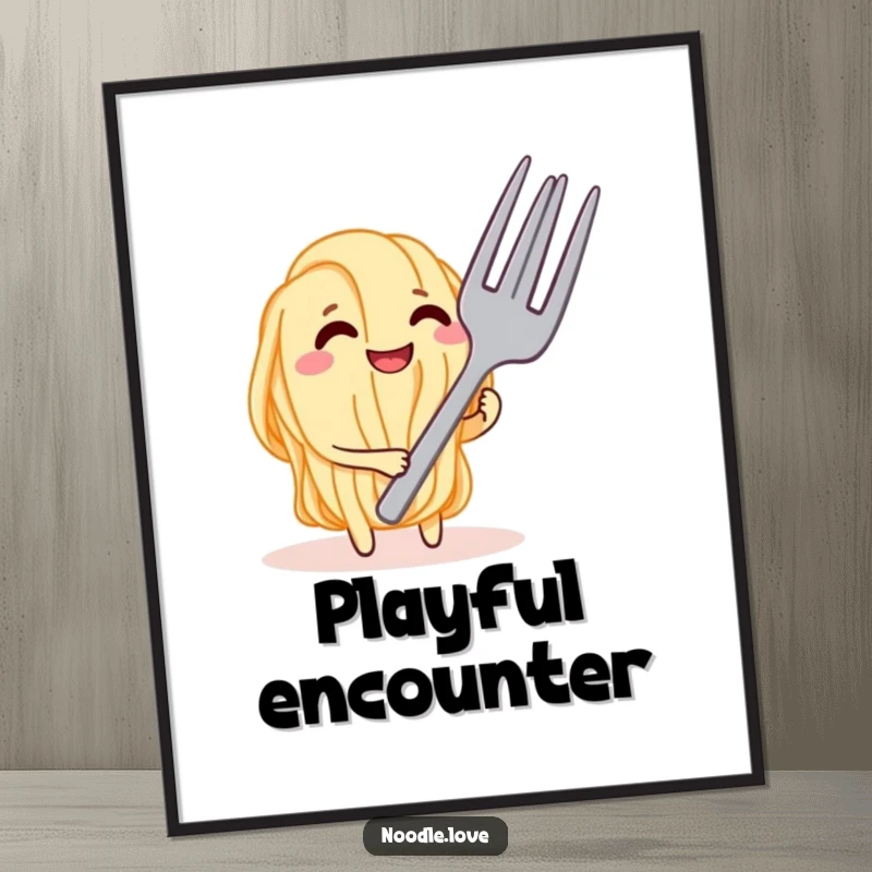 Funny Noodle Tease Digital Art Print, a comical illustration of a noodle character grinning mischievously while teasing a giant fork.
