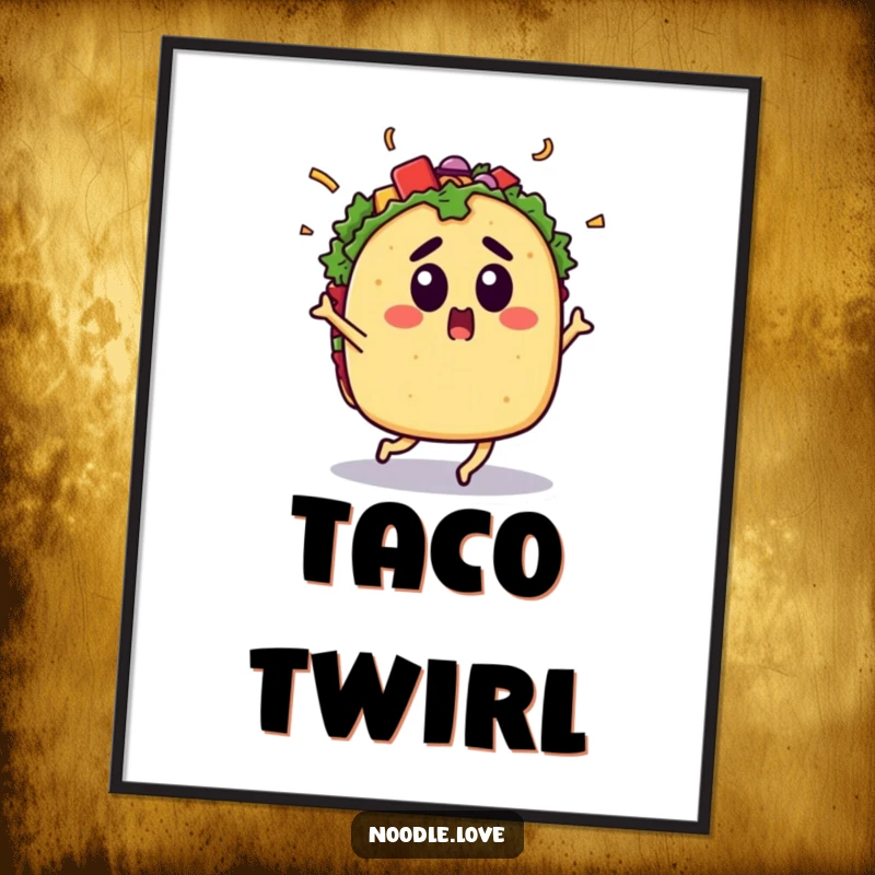 Funny Surprised Taco Digital Art: A surprised taco dances energetically with toppings flying, perfect for instant funny fiesta decor and gifts.