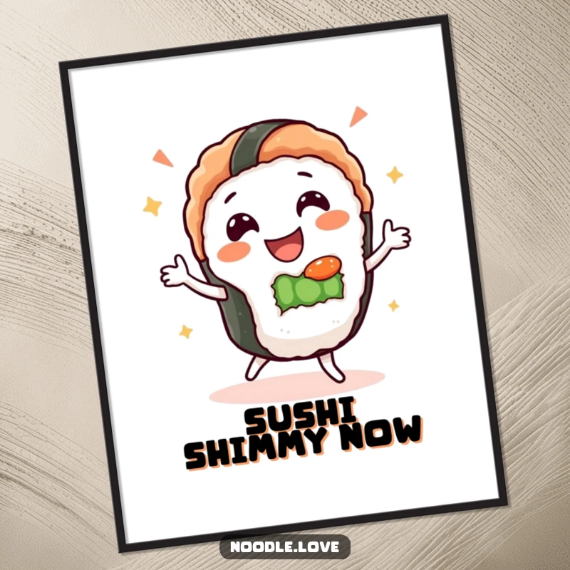 Funny Sushi Dance Digital Art Print: Gleeful sushi character dances happily, high-resolution cartoon humor for digital display.