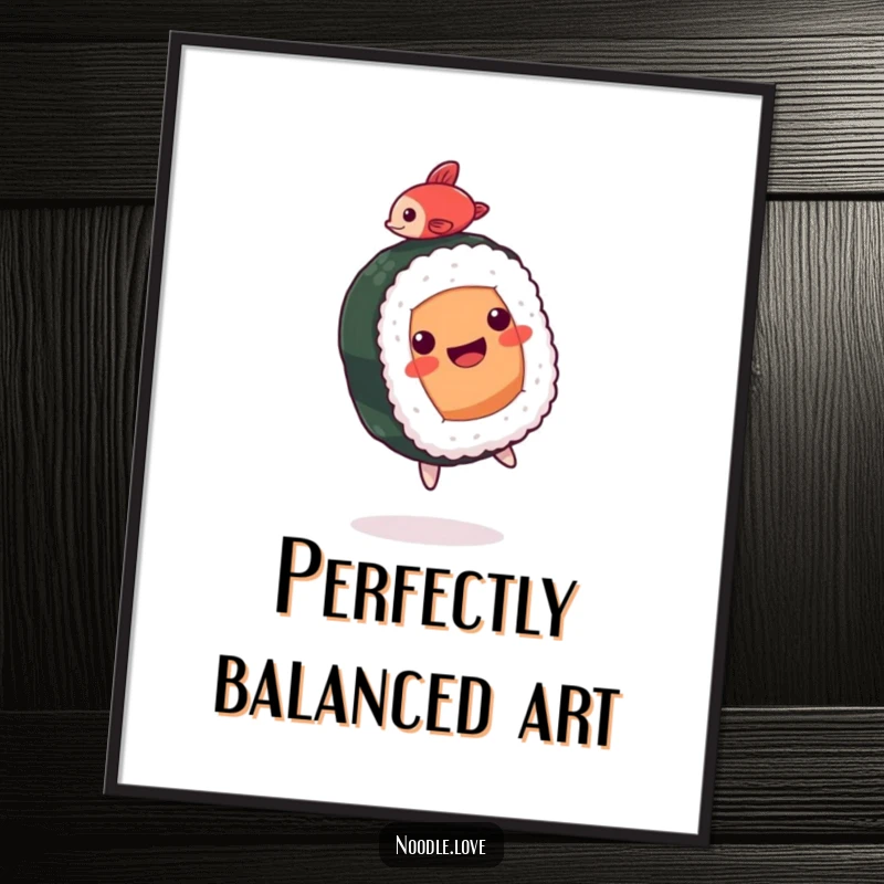 Funny Sushi Digital Art: A happy sushi roll character doing a backflip with a tiny fish, full of energy.