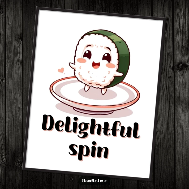 Funny digital art print of a smiling sushi character joyfully spinning on a plate, perfect for vibrant décor.