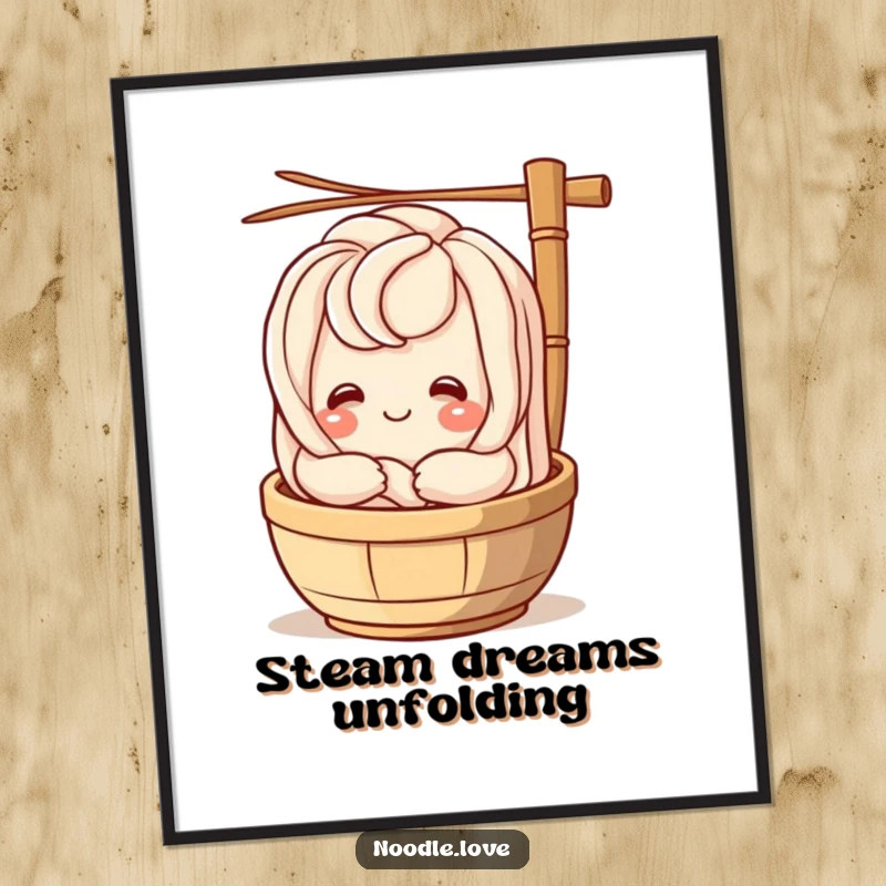 Funny udon noodle character smiling and embracing a bamboo steamer, a digital art download for humorous home decor.