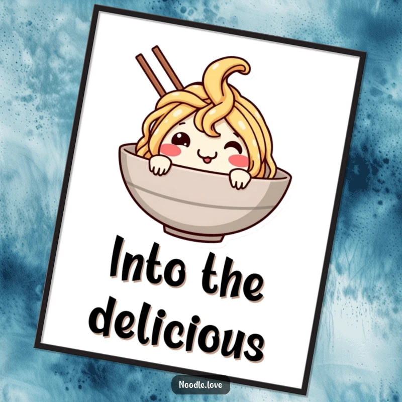 Funny Noodle Dive Digital Art Print: Smiling noodle character cheerfully dives into a bowl, high-resolution cartoon humor for digital display.