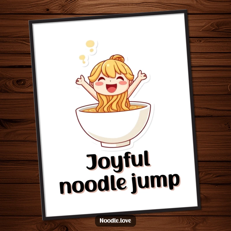 Funny smiling noodle character leaping joyfully out of a steaming bowl, instant wall decor.