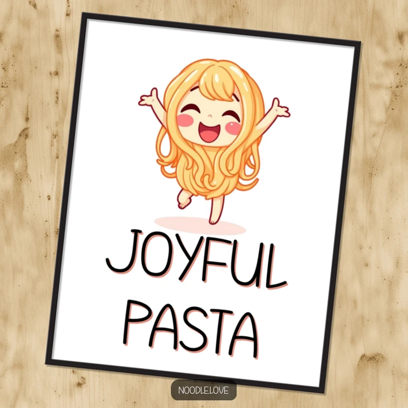 Funny digital art print of a happy noodle character joyfully doing a little dance, ready for decor.