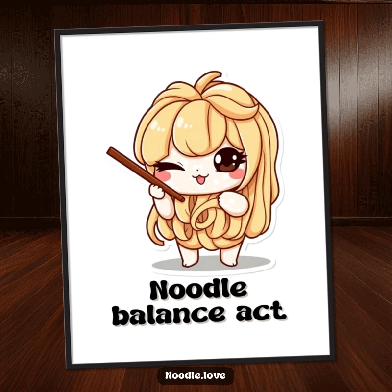 Funny digital art print of a mischievous noodle character winking and balancing chopsticks, adding a humorous and culinary touch.