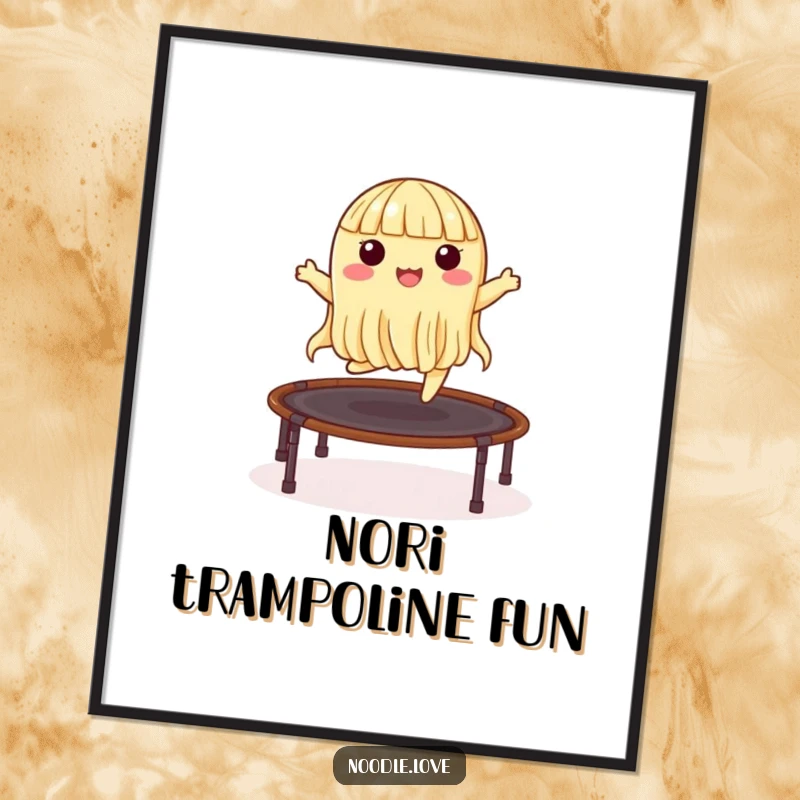 Funny digital art print of a noodle character energetically bouncing on a nori trampoline, ideal for dynamic and humorous wall decor.