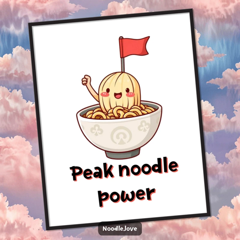 Funny ramen noodle digital art print of a happy character waving a flag from a steaming bowl, offering instant wall decor and food-themed humor.