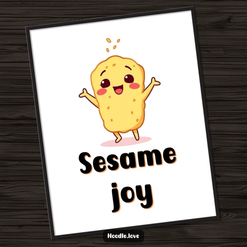 Funny digital art print of a cheerful tempura character doing a happy dance, sprinkled with sesame seeds, perfect for vibrant décor.