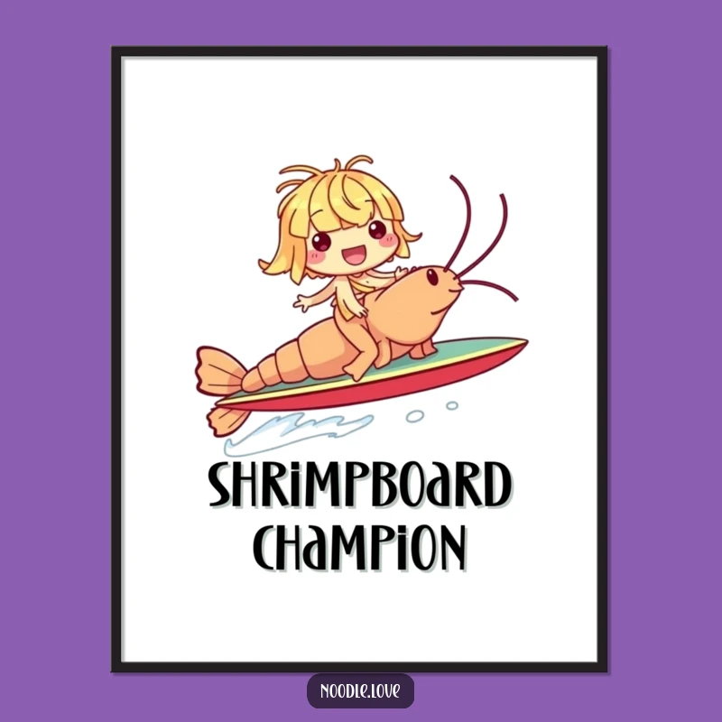 Funny Noodle Shrimp Surf Print: Giggling Rider Art Gift