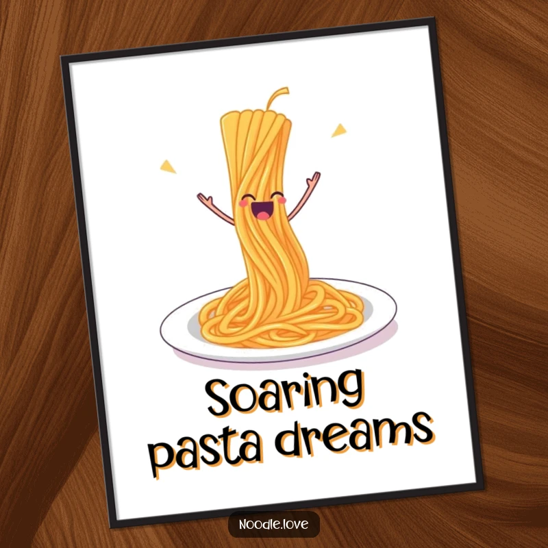 Funny Spaghetti Digital Art Print: A joyful strand of spaghetti leaping off its plate with pure delight, a humorous scene.