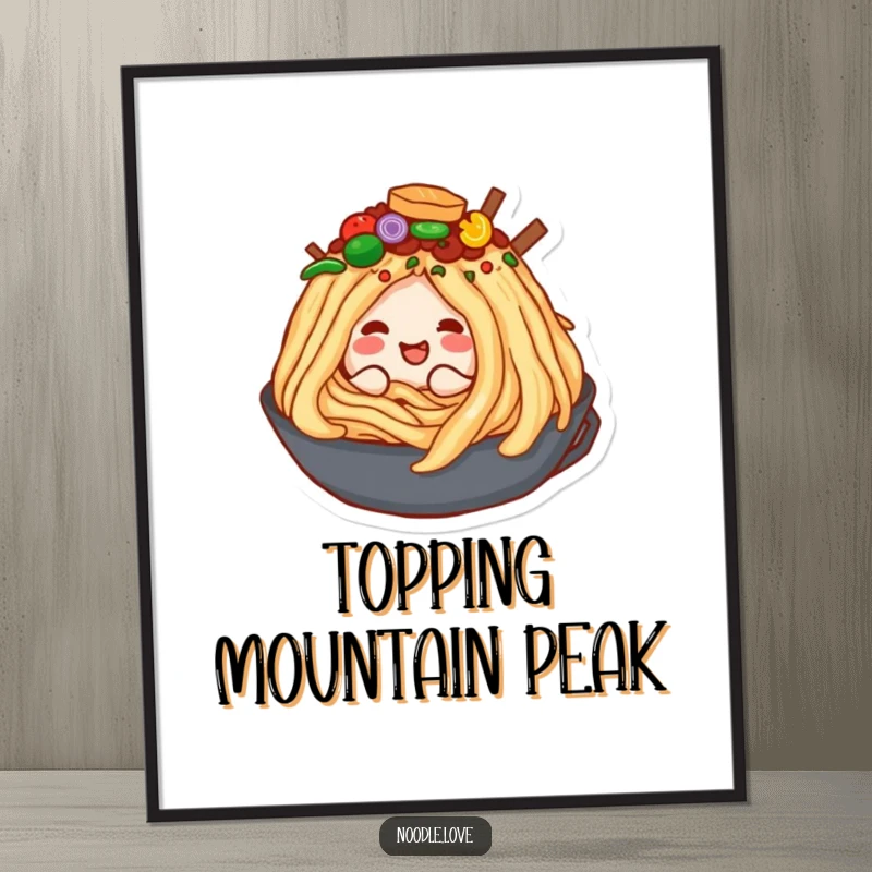 Funny digital art print of a happy noodle character blissfully burrowing into a vast, colorful, and delicious mountain of assorted food toppings.