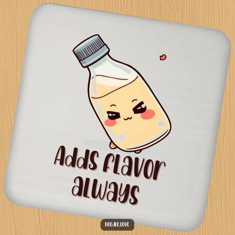 Funny Shoyu bottle coaster, smirking, tipping playfully, cute condiment accessory, drink decor, ideal funny gift.