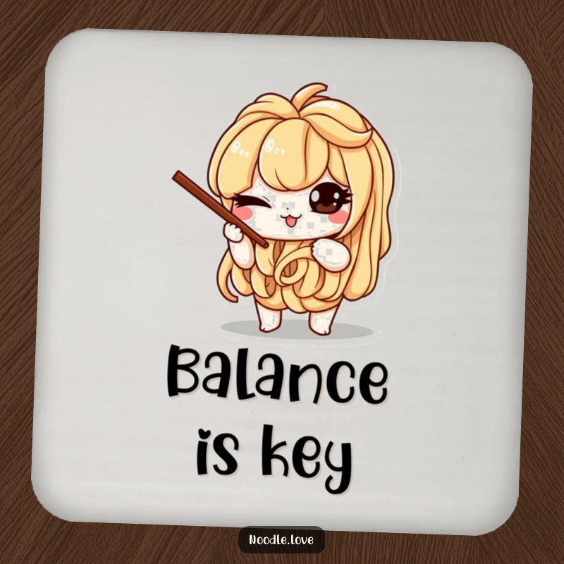 Funny drink coaster with a mischievous noodle character winking and balancing chopsticks, protecting surfaces with a playful flair.