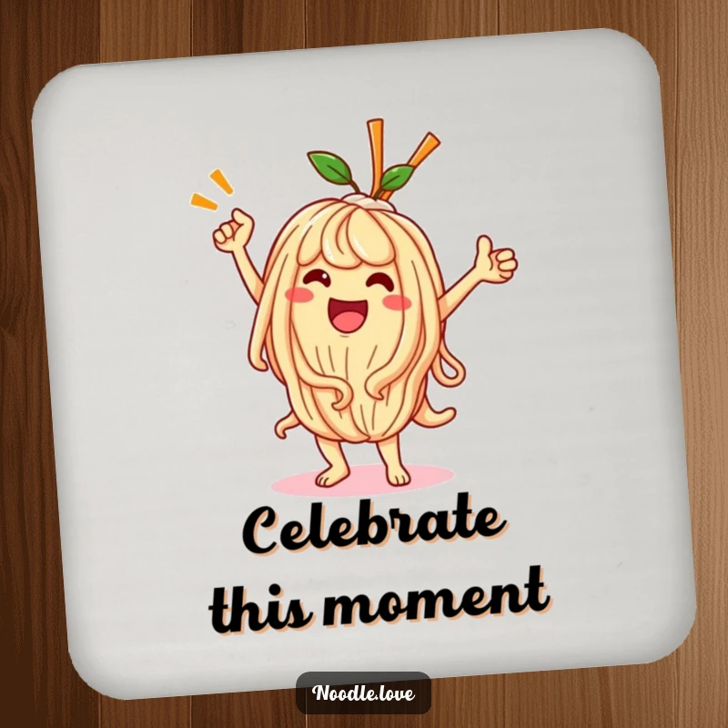 Funny Kawaii noodle character in a triumphant victory dance pose, printed on a protective drink coaster.
