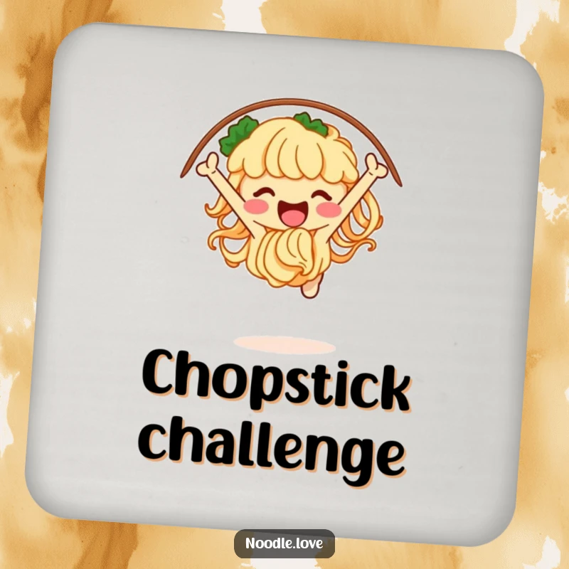 Funny noodle coaster showcasing a jubilant character jumping through a hoop of chopsticks, protecting tables with quirky food-themed art.