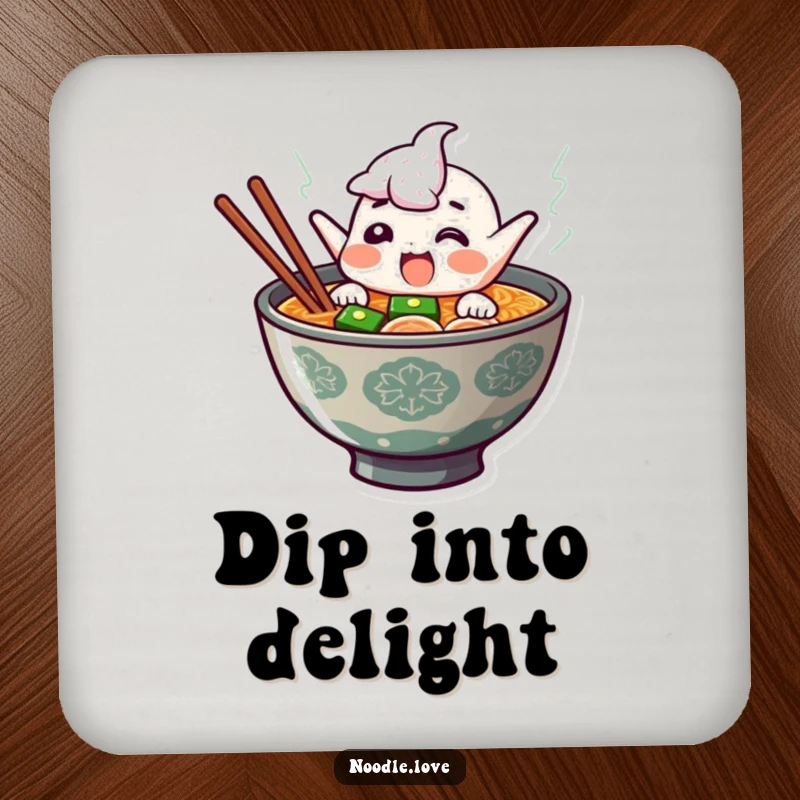 Funny ramen coaster with a giggling character leaping from steaming broth, a humorous and practical accessory for drinks.