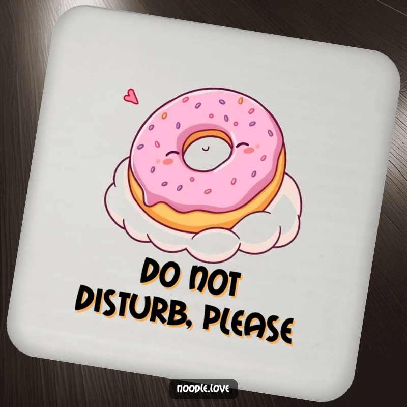 Funny Kawaii donut character asleep on a cloud, presented on a humorous and protective drink coaster for tables.