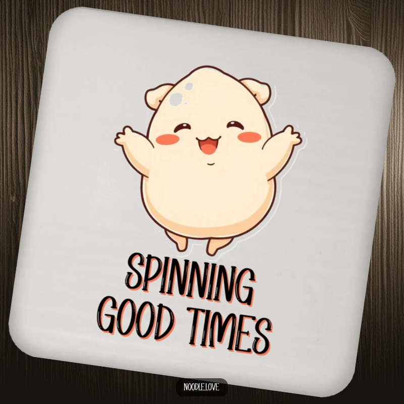 Funny dumpling dancer coaster depicting a delighted dumpling with stubby legs in a cheerful spinning pose.