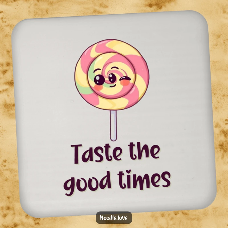 Funny Kawaii lollipop character spinning with joy, presented on a humorous and protective drink coaster for tables.