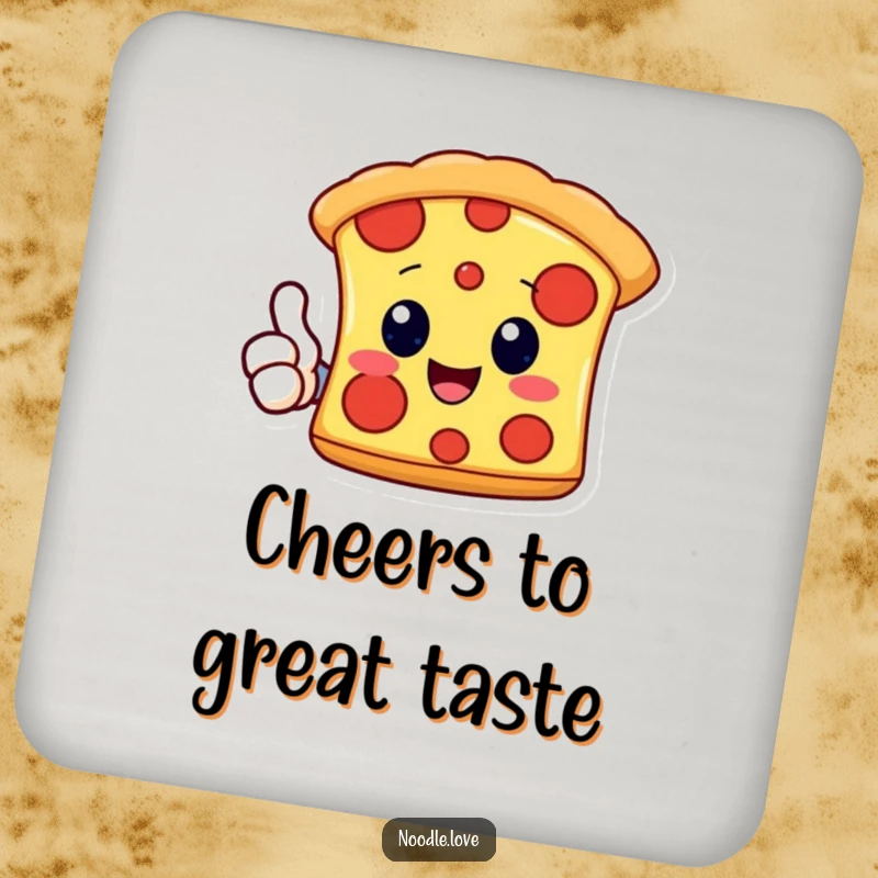 Funny Kawaii pizza slice character giving a thumbs up, presented on a humorous and protective drink coaster for tables.