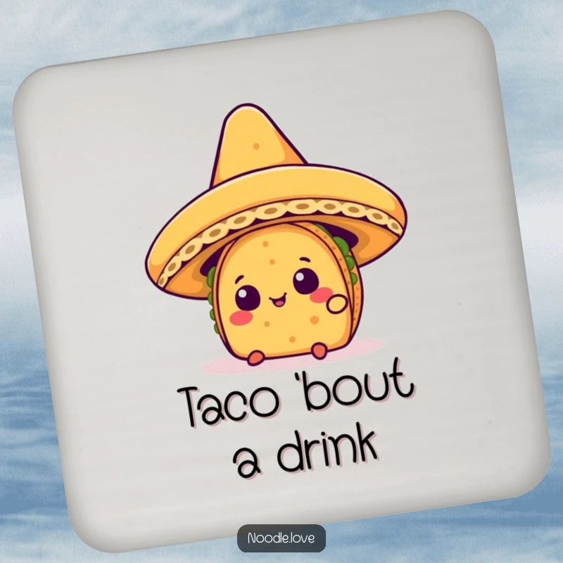 Funny Kawaii taco character curiously peeking from under a giant sombrero, printed on a protective drink coaster.
