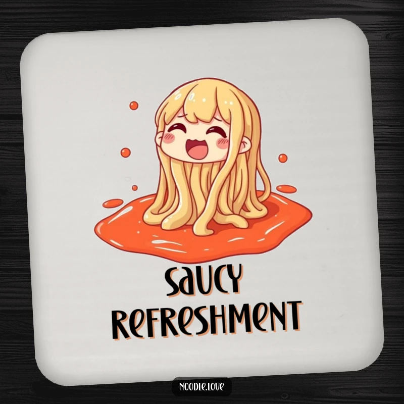 Funny drink coaster featuring a noodle character gleefully splashing in a puddle of sauce, protecting surfaces.