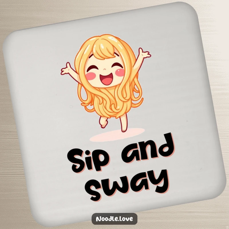 Funny drink coaster featuring a happy noodle character joyfully doing a little dance, protecting surfaces.