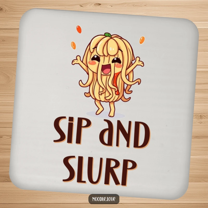 Funny Noodle Coasters: A noodle character dancing with artistic sauce, providing surface protection with flavorful charm, ideal for funny gifts.