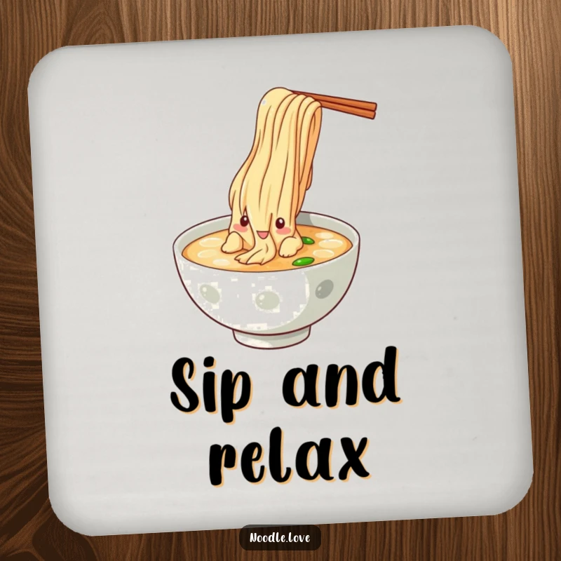 Funny Noodle Dive Coaster, depicting a noodle character dramatically diving into a bowl of broth, perfect for protecting tables humorously.