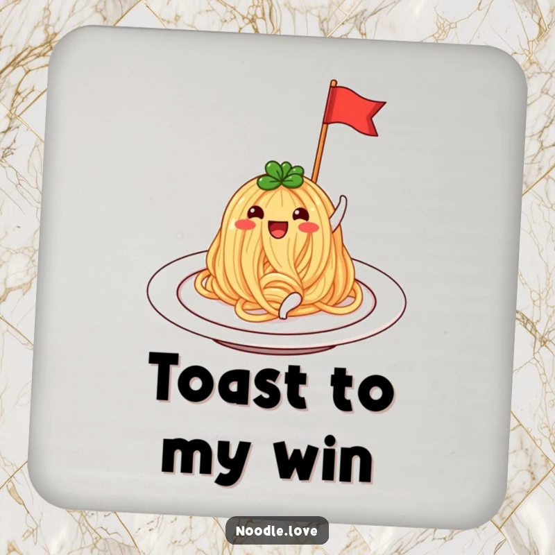Funny Noodle Coaster: A beaming noodle on a plate, waving a tiny flag, humorously protecting your table.