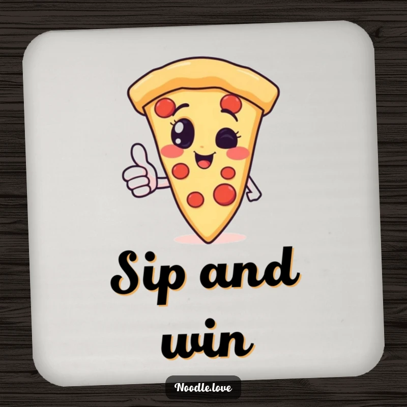 Funny pizza slice character drink coasters giving a thumbs up, adding a touch of cheesy delight and surface protection with humor.