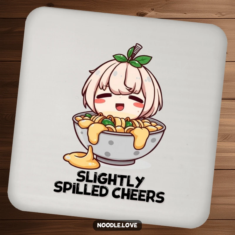 Funny drink coaster featuring a ramen bowl character with a slight, happy spill, looking endearingly embarrassed, adding humor to tables.