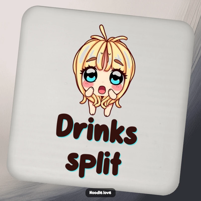 Funny drink coaster depicting a surprised noodle character splitting in half, with wide, shocked eyes, embodying culinary surprise.