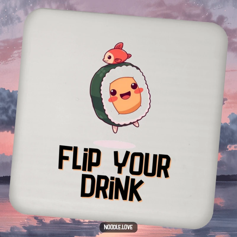 Funny Sushi Drink Coaster: A happy sushi roll character doing a backflip with a tiny fish, adding fun.