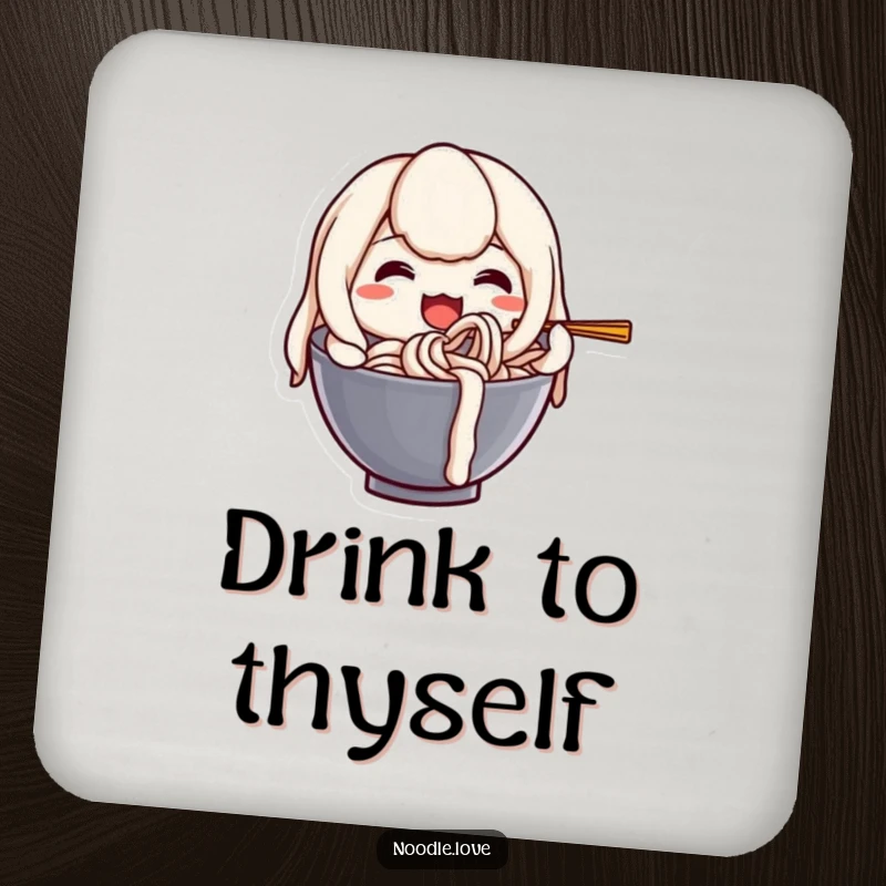 Funny coaster featuring a happy anthropomorphic udon noodle character joyfully slurping itself, a quirky table protector.