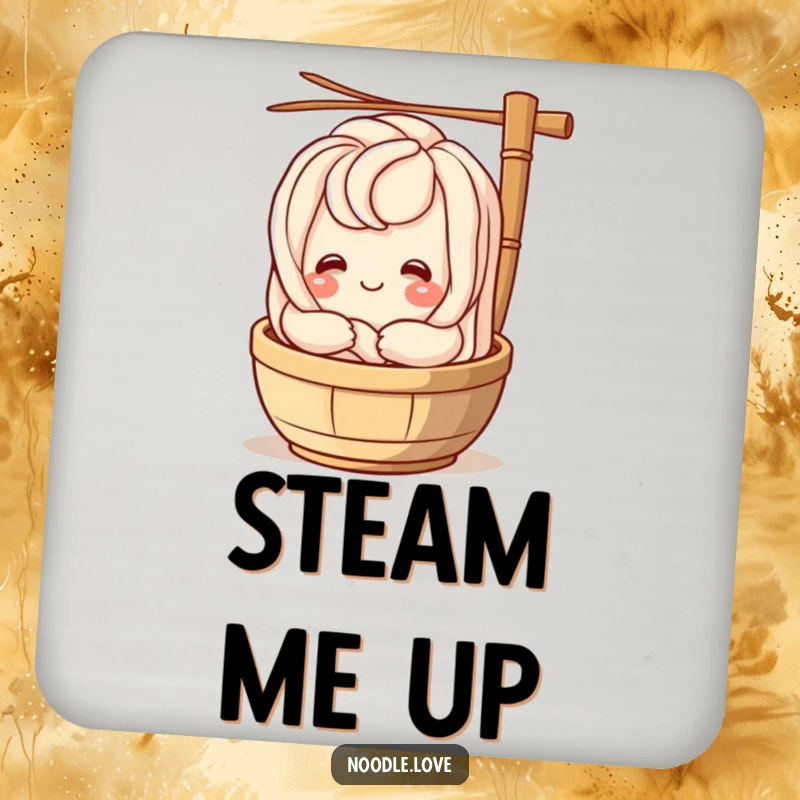 Funny udon noodle character smiling and hugging a bamboo steamer, a set of humorous coasters for protecting furniture.