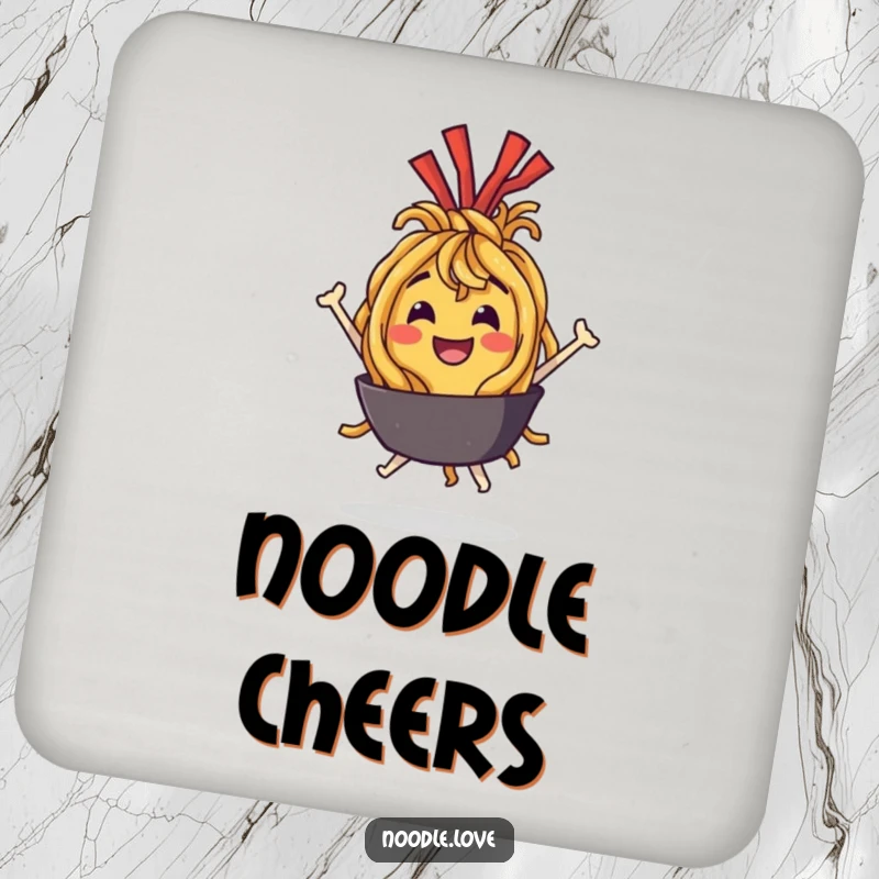 Funny Coaster: A joyful fried noodle character bouncing with delight, adding a humorous food-themed touch to drink protection.