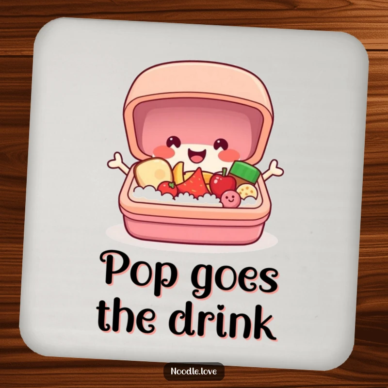 Funny bento box coaster with a cheerful character popping open to reveal tiny smiling food, for drinks with a humorous twist.