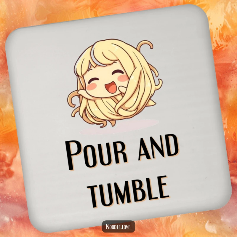 Funny drink coaster featuring a giggling noodle character playfully tumbling, protecting surfaces.