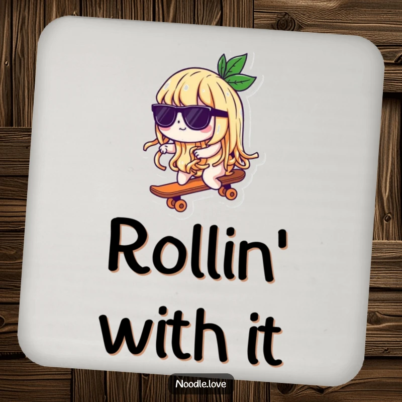 Funny coaster showcasing a noodle character in sunglasses riding a tiny skateboard, adding a humorous and cool touch to any beverage setting.