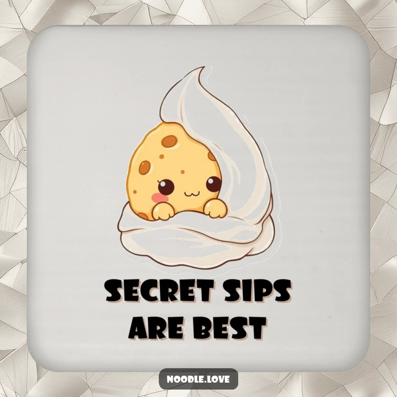 Funny Kawaii cookie character hiding behind cream, featured on a drink coaster, symbolizing sweet moments and playful decor.