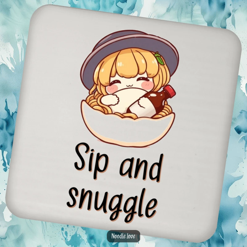 Funny noodle coaster showcasing a content character snuggling a tiny soy sauce bottle as a pillow, protecting tables with quirky food-themed art.