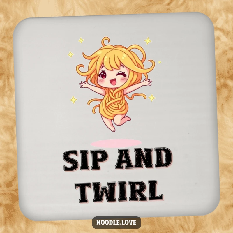 Funny drink coaster with a noodle character dancing and twirling with sparkles. A whimsical and practical funny gift.