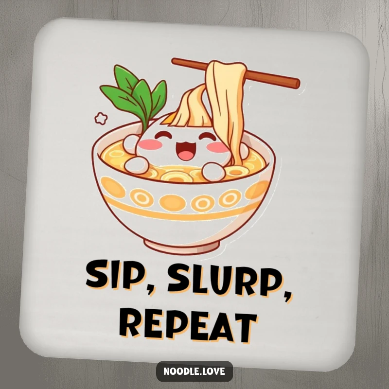 Funny Ramen Bowl Character Splashing Happily in Broth Drink Coasters - Joyful food-themed coasters, protect furniture with humor, funny gift.
