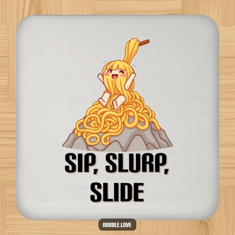 Funny drink coaster with a gleeful noodle character sliding down a mountain of noodles, adding playful humor to table settings.