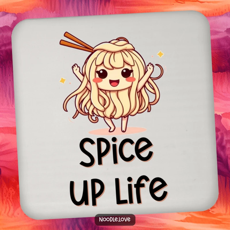 Funny Drink Coaster: a smiling noodle with eyes dancing exuberantly with chopsticks, protecting surfaces with food-themed fun.