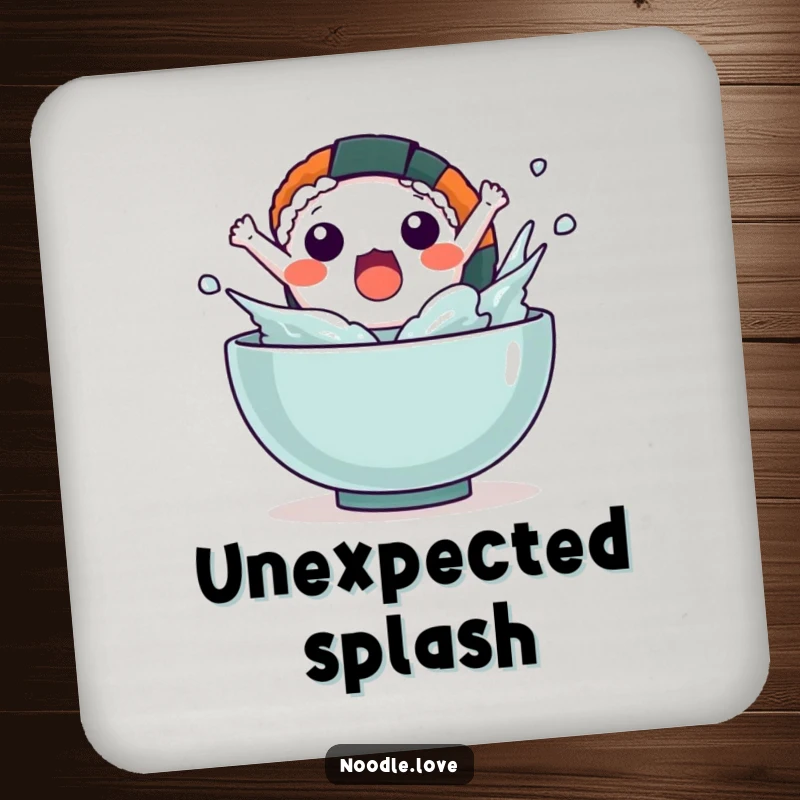 Funny Kawaii sushi character leaping out of a bowl with a splash, printed on a protective drink coaster.